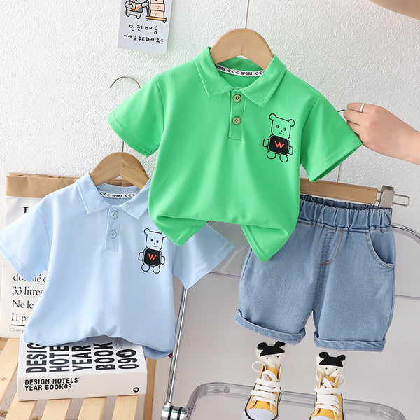 Bear cardigan summer suit boys and girls breathable short-sleeved POLO shirt two-piece set 2024 new set