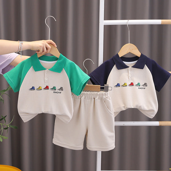 In the summer of 2025, the new leisure children's suit of foreign trade, medium and small children and boys lapel printing two-piece set