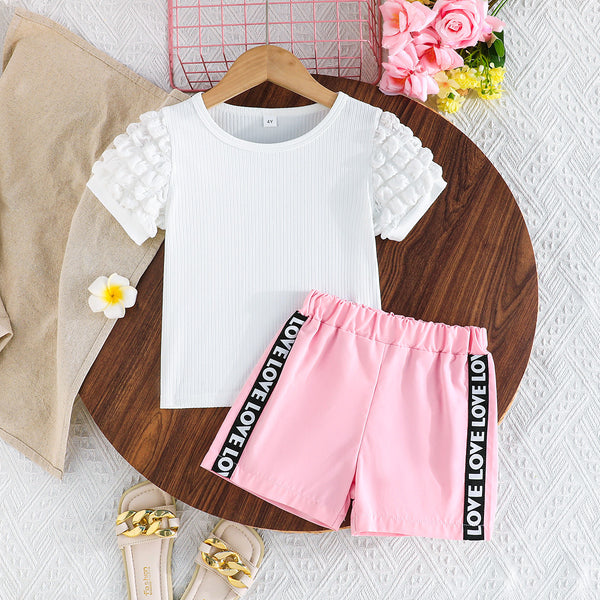 2025 girls cute new bubble sleeve top + letter webbing shorts set, summer daily leisure