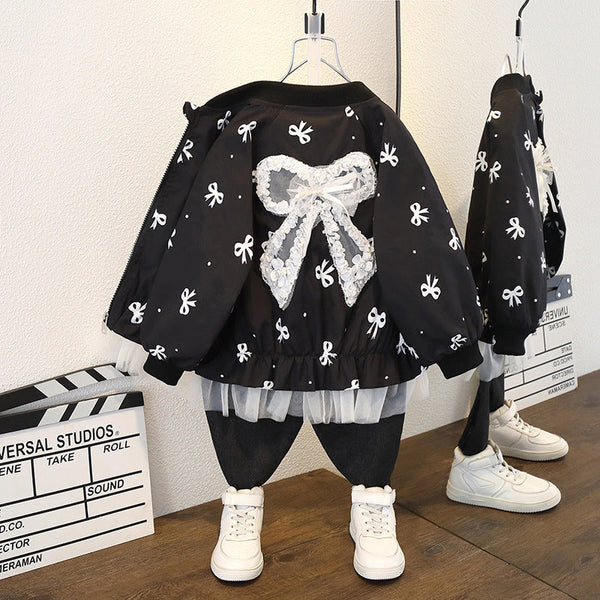 Girls' spring and autumn coat 2025 new full-printed bow jacket coat medium and older children's splicing foreign-style top tide