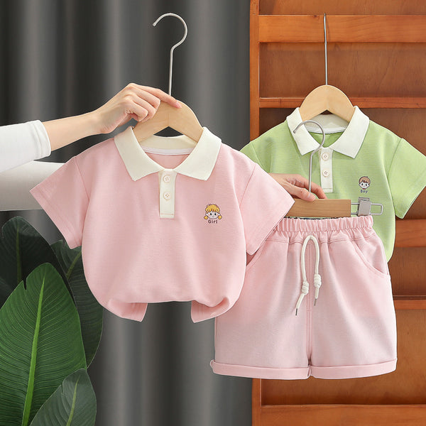 Boys and girls summer lapel short-sleeved set, new children's summer lapel short-sleeved two-piece set