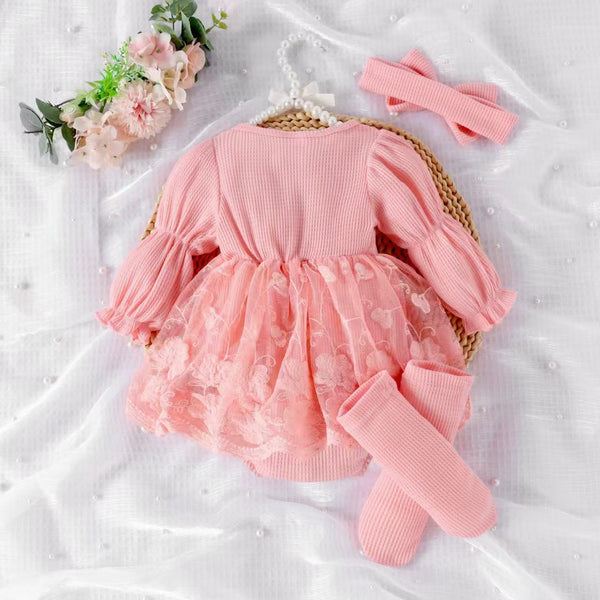 Striped Long Sleeve Romper with Mesh Skirt | 2025 New Solid Color Kids’ Fashion Outfit