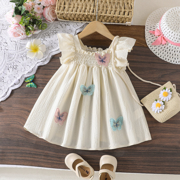 2025 new cute baby girl butterfly embroidered flying sleeve A-word dress, summer daily leisure vacation