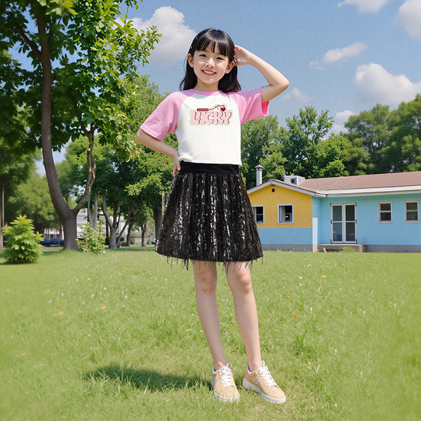 Children's clothing girls fringed sequined performance skirt 2025 new girls fringed skirt medium and older children's Latin dance skirt