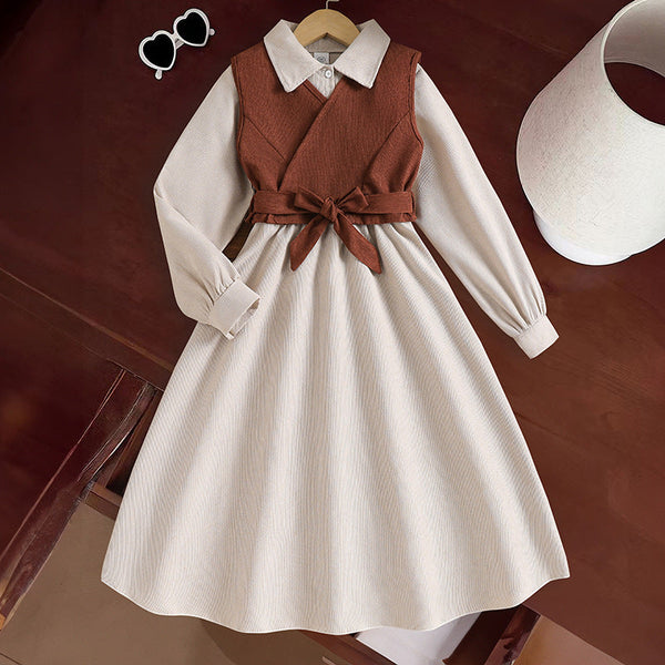 Girls’ Retro Two-Piece Outfit – Belted Vest & Long-Sleeved Dress Set