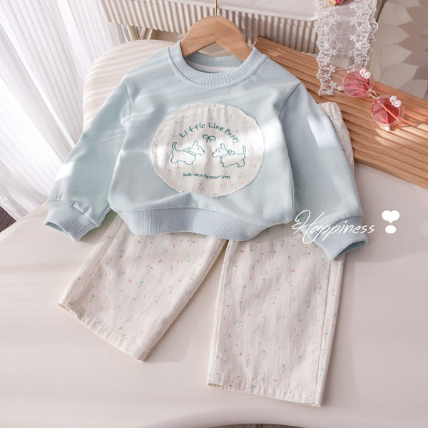 2025 Girls Outfit – Cute Embroidered Sweater and Floral Wide-Leg Pants Set, Korean Fashion Two-Piece for Baby Girls