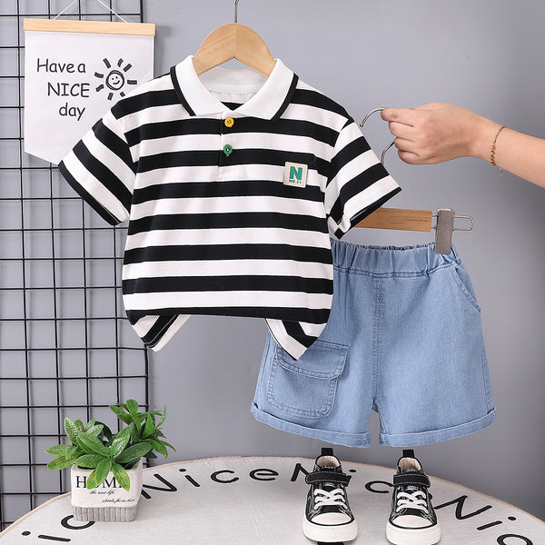 Boys T-shirt 2025 summer new children's summer clothes little boys casual handsome striped short-sleeved two-piece set trendy