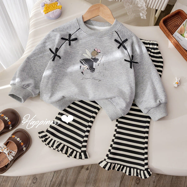 2025 Girls’ Spring Autumn Two-Piece Set – Cute Bow Print Sweater + Striped Lace Pants, Trendy Foreign-Style Fashion Outfit