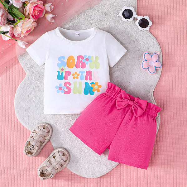 New cute baby girl letter printing T-shirt + bow shorts summer daily leisure set