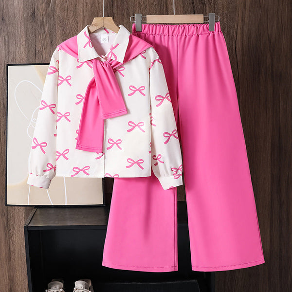 Girls’ Two-Piece Suit – Long-Sleeved Shirt with Trousers & Removable Bow Shawl