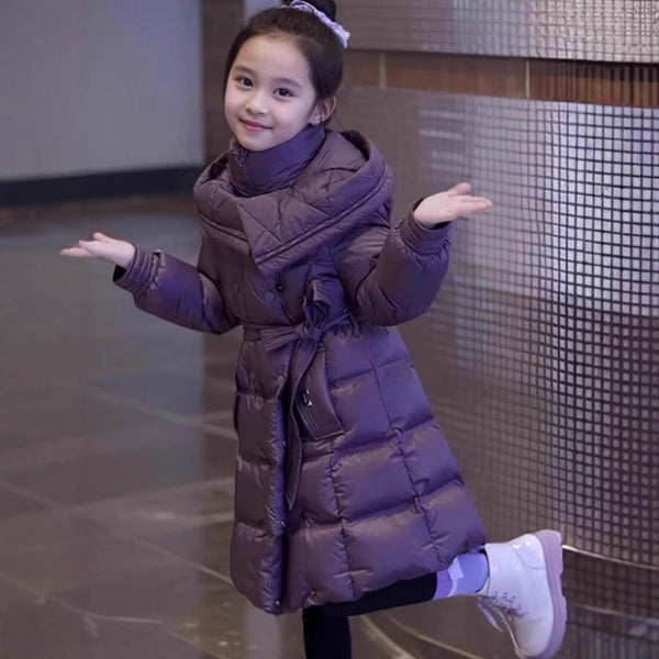 2025 Girls’ Winter Purple Down Cotton Coat – Thick Warm Cotton-Padded Jacket for Older Kids, Trendy Foreign-Style Outerwear