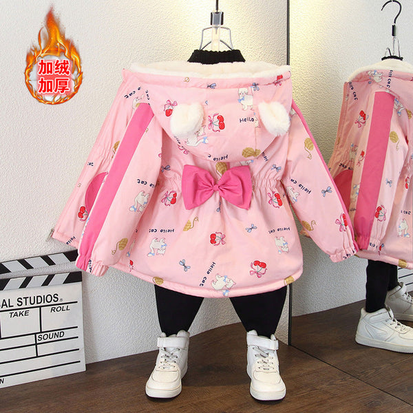 Girls' cotton clothes winter 2025 new children's velvet cotton-padded clothes baby girl bows thickened tops trendy