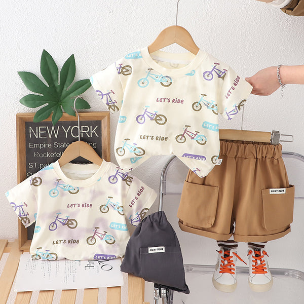 Small and medium-sized children's baby thin summer cartoon bicycle printing T-shirt set summer two-piece set