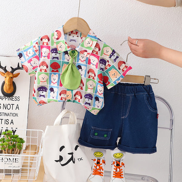 2025 summer suit casual children's cartoon shirt short sleeve Korean version handsome boy casual two-piece set trendy wholesale