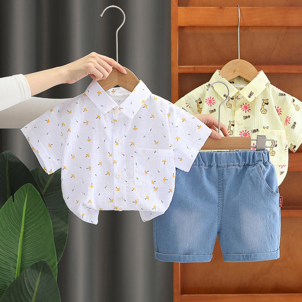 Children's summer short-sleeved set 2025 new children's clothing foreign style Korean version of medium and small children's short-sleeved shirt two-piece set