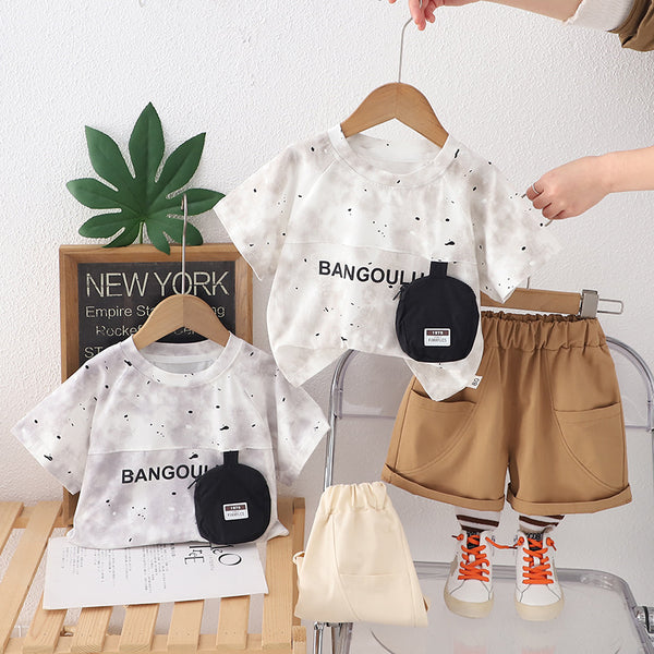 Boys summer suit 2025 new foreign fashionable clothes children's summer thin ruffian handsome short-sleeved two-piece set trendy