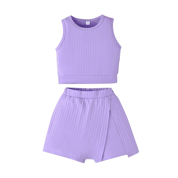 2025 fashion simple summer new girls solid color pit vest + slit culottes sports style suit