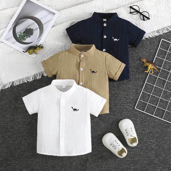 Simple boy baby dinosaur embroidered short-sleeved shirt 3-piece combination, new for summer leisure