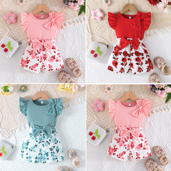 Cute baby girl shoulder bow top + flower shorts set, new for summer leisure