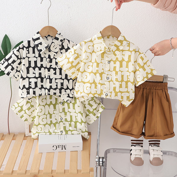 Foreign trade full print English children 2025 short-sleeved shirt tide children's suit children's clothing two-piece set handsome boy