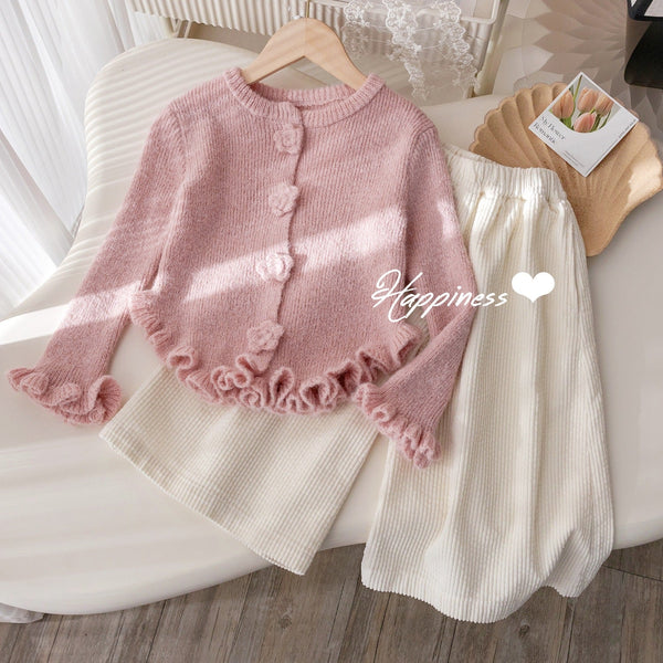 Girls’ Lace Knitted Cardigan Set – Korean Style Solid Color Sweater and Straight Casual Pants