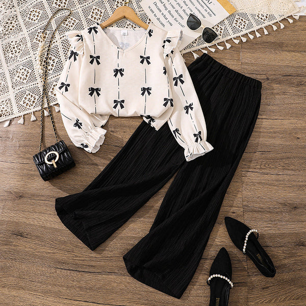 Girls’ 2-Piece Set 2025 – Striped Bow Long Sleeve Top & Casual Pants | Elegant Autumn Foreign Style Outfit