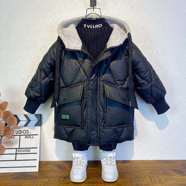 Boys’ Winter Down Cotton-Padded Coat – Warm Thickened Long Jacket for Kids, Trendy Foreign-Style Outerwear