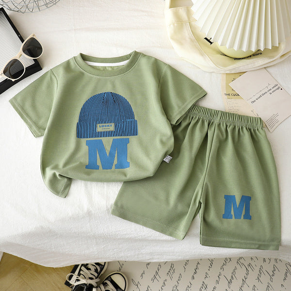 Children's summer new short-sleeved shorts boys waffle suit summer thin fashion Korean version of boys' children's clothing