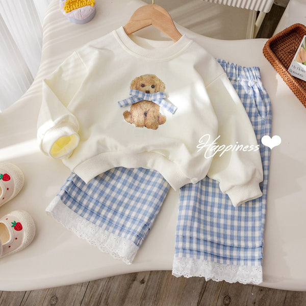 2025 Girls’ Spring Autumn Outfit Set – Cute Bow Printed Sweater + Lace Plaid Pants, Fashionable Foreign-Style Two-Piece Suit