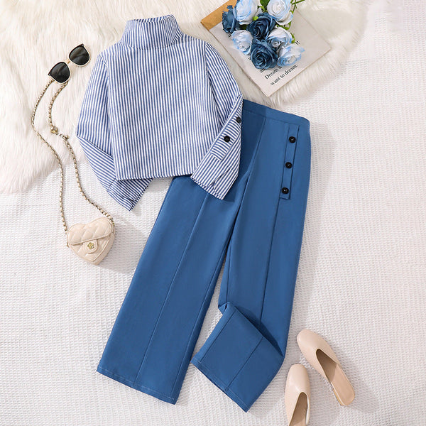 Girls’ Autumn 2-Piece Set – Striped Long Sleeve Shirt & Wide-Leg Pants | European & American Style Cross-Border Kids’ Fashion