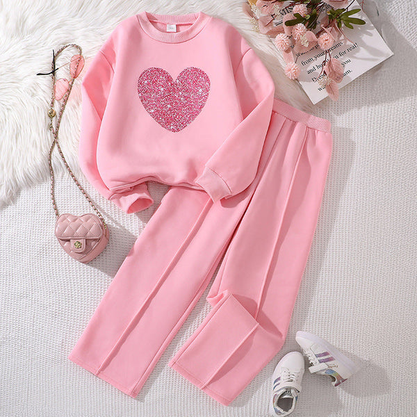Girls’ Two-Piece Suit – European & American Style Heart Sweater & Casual Trousers Set