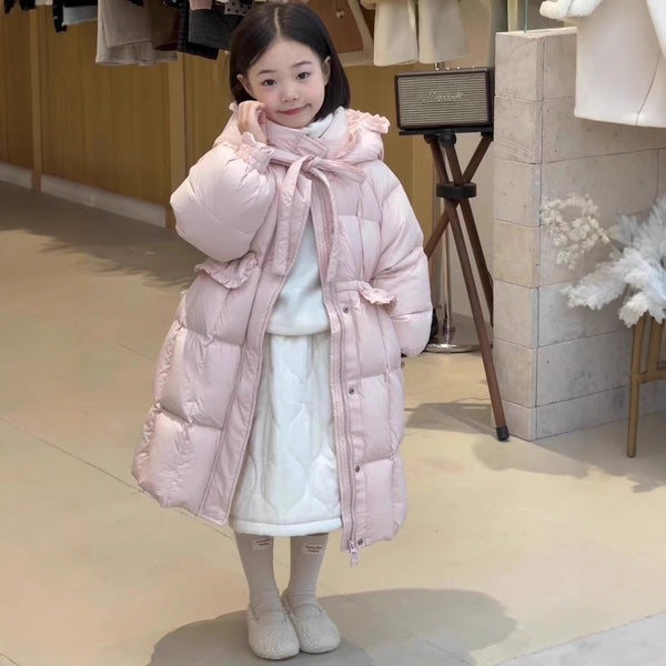 Girls’ Long Pink Hooded Down Cotton Coat – Korean Style 2025 Winter Warm Jacket with Waist Design