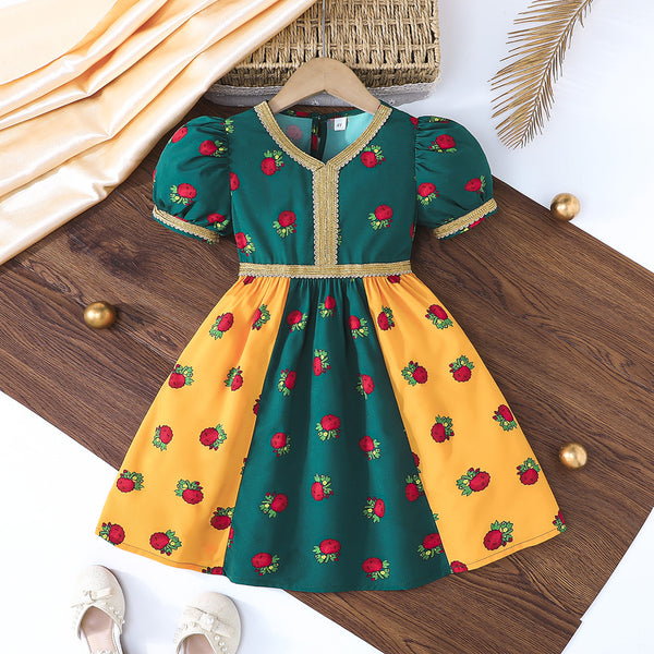 2025 elegant girls new gold lace collar flower pattern dress princess dress summer ethnic style dress