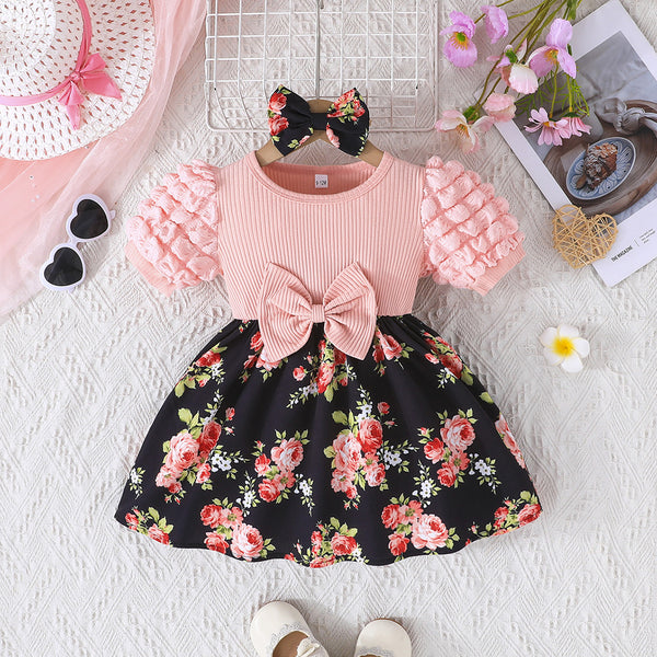 2025 sweet beautiful woman baby lady bow decorative flower dress + headscarf European and American cross-border summer new models
