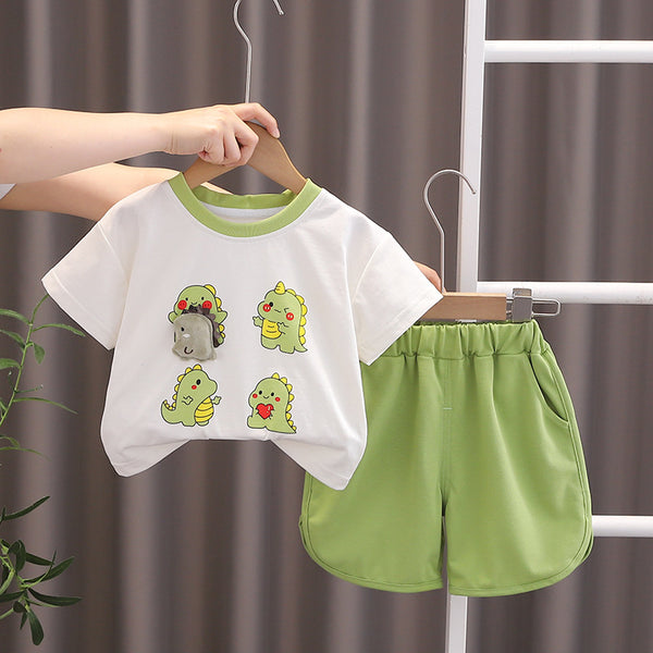 Boys and girls summer shorts set 2025 new children's summer dinosaur printed doll short-sleeved two-piece set
