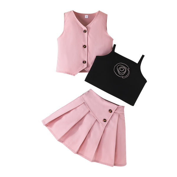 Summer Valentine's Day new fashion girls' sleeveless vest + rose suspender + pleated skirt set