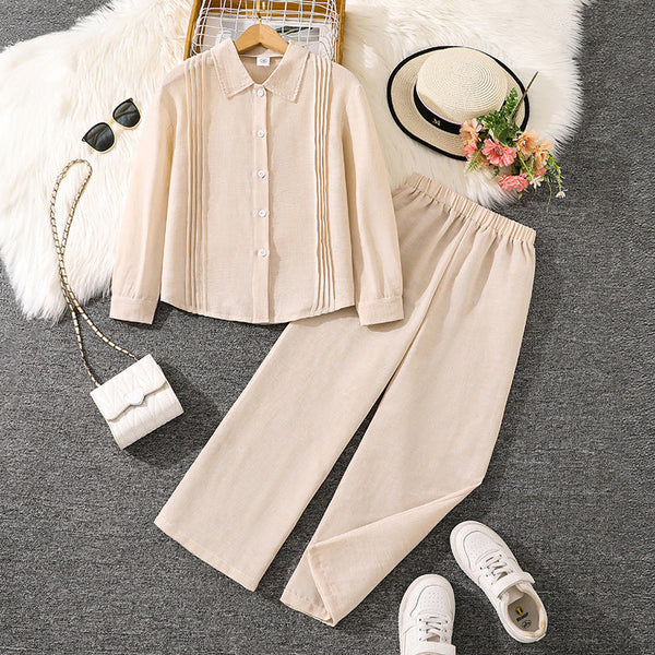 Kids’ 2-Piece Set 2025 – Lapel Pleated Long Sleeve Shirt & Wide-Leg Pants