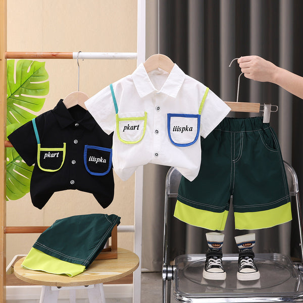 Boys' color matching pocket shirt short-sleeved set 2025 new children's Korean version handsome thin two-piece set