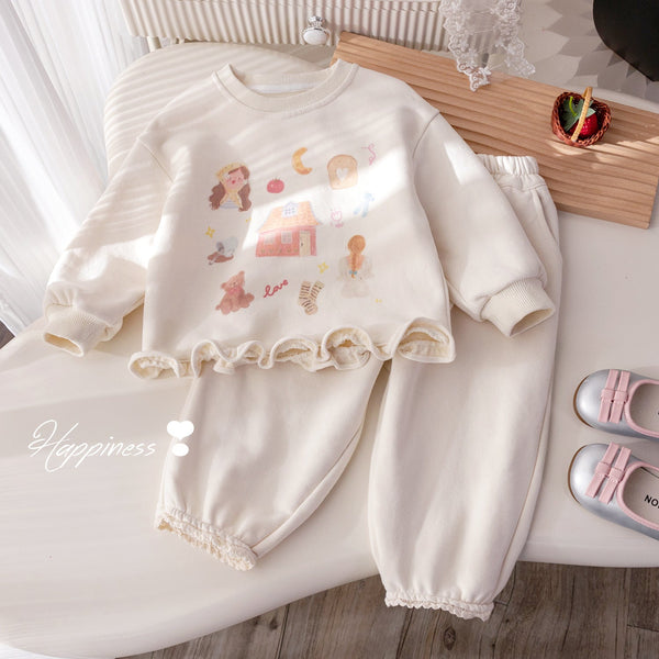 Girls’ Autumn Two-Piece Set – Cute Cartoon Print Sweater + Stylish Lace Casual Pants