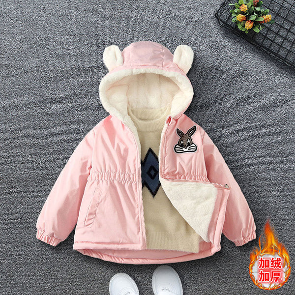 Girls’ Winter Cotton Coat – Cute Rabbit Cartoon Hooded Velvet Padded Jacket for Kids