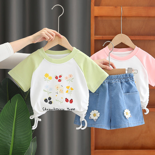 Girls' Summer Crew Neck Short Sleeve Set 2025 New Children's Summer Flower T-Shirt Denim Shorts Two-piece Tide Set
