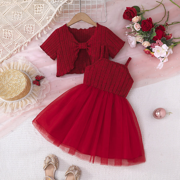 2025 summer new product cute lady style solid color pit strip short top + mesh skirt pendulum suspender skirt set