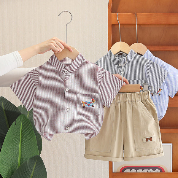 Children's summer stand-up collar shirt set 2025 new children's summer striped short-sleeved shirt two-piece set
