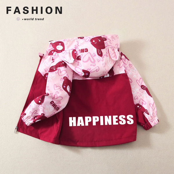 Girls spring and autumn color matching trench coat 2025 new girls cartoon hooded jacket trendy children's cartoon jacket