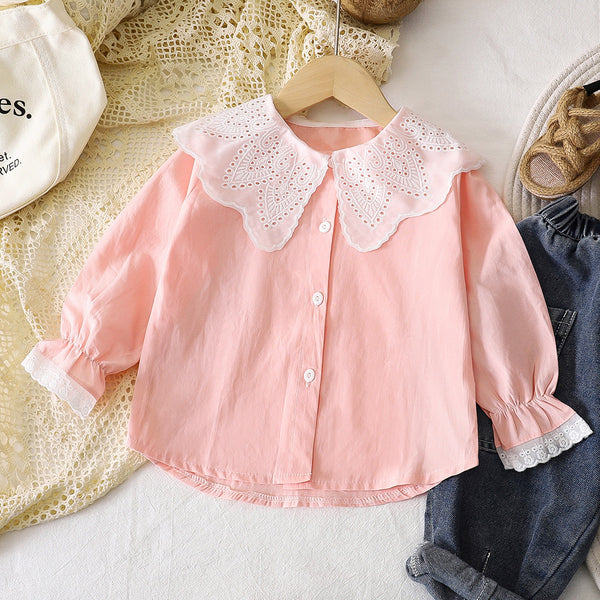 Girls Shirt Spring New Girls Korean Edition Children's Baby Lace Collar Shirt Children's Pure Cotton Top Children's Clothing