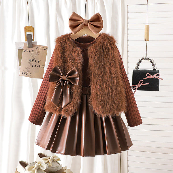 Girls’ 3-Piece Set – Coffee Vest, Pleated Skirt & Long Sleeve Base Shirt | 2025 Cross-Border Kids’ Fashion Outfit