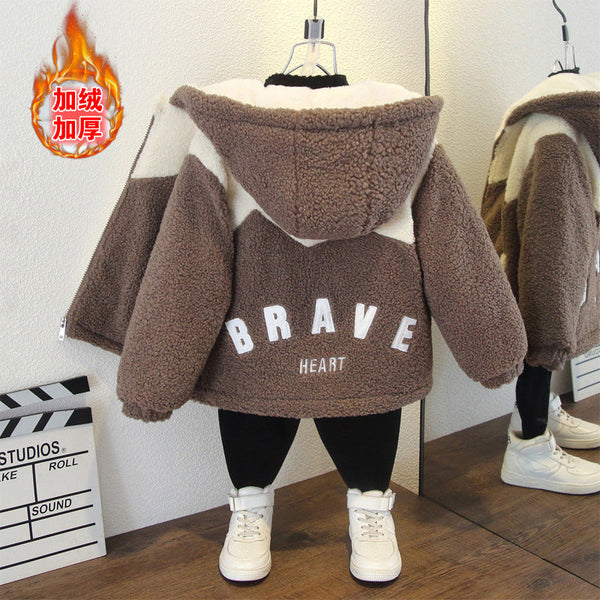 Boys’ Winter Wool Sweater – Fleece Hooded Jacket, Thickened Warm Cotton-Padded Coat for Kids
