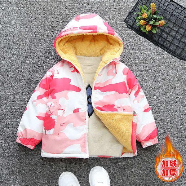 Boys and Girls Camouflage Fleece Jacket – 2025 Autumn & Winter Thickened Hooded Cotton Coat