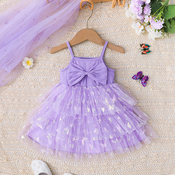 Cross-border 2025 summer cute new bow decoration three-layer butterfly mesh suspender dress princess dress
