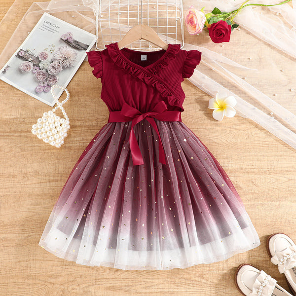 Princess dress ruffle edge small V-neck mesh dress + belt summer vacation dress